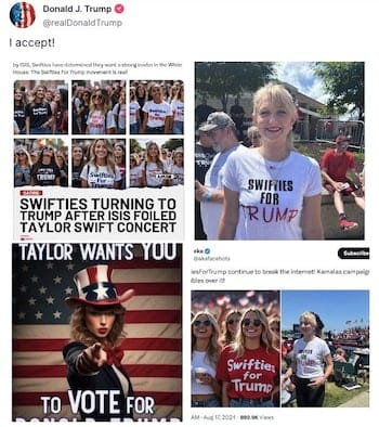 Trump posts AI image of fake Taylor Swift 'endorsement'
